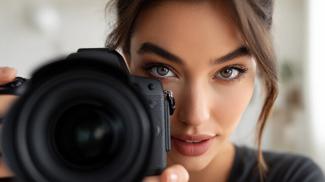 Young woman takes picture with camera at home in morning light - Powered by Adobe