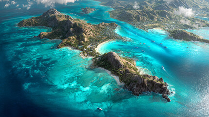 Scenic view of tropical island with clear water and boats nearby