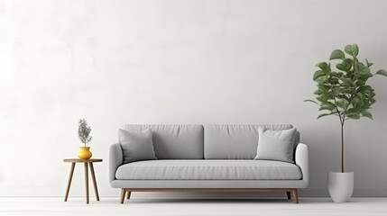 A Minimalist Living Room Scene Featuring a Light Gray Sofa, a Small Side Table with a Potted Plant, and a Larger Potted Plant Against a White Wall