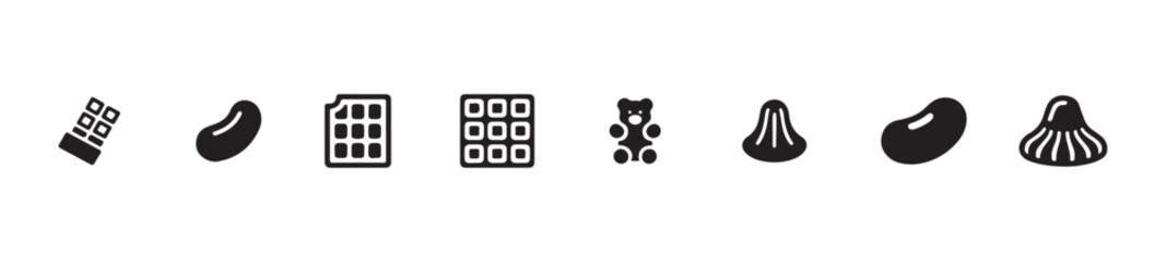 Set of eight sweets and candy icons including chocolate bars, jelly beans, gummy bear, and laddu desserts