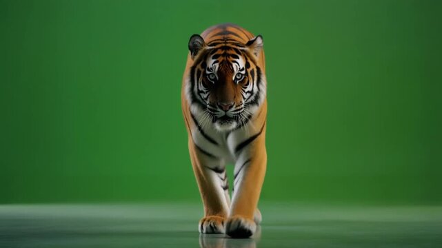 A majestic tiger walks towards the camera on a reflective surface against a green background