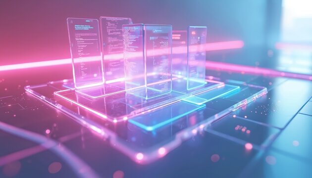Transparent screens display code. Digital interface glows with neon light. Futuristic tech display shows data streams. Modern ux design concept. AI program runs on glass. - Powered by Adobe