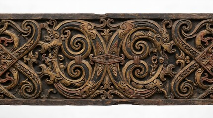 Intricate traditional wooden carving featuring mythical creature motifs and ornate patterns, showcasing rich cultural art and ancient craftsmanship