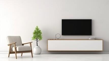 A minimalist living room scene featuring a modern flat-screen television mounted on a wall