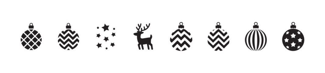 Collection of eight black christmas ornaments featuring checkered, zigzag, stars, and reindeer designs © FARJANAAKTER