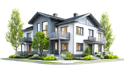 Modern two story house with green trees isolated on transparent background