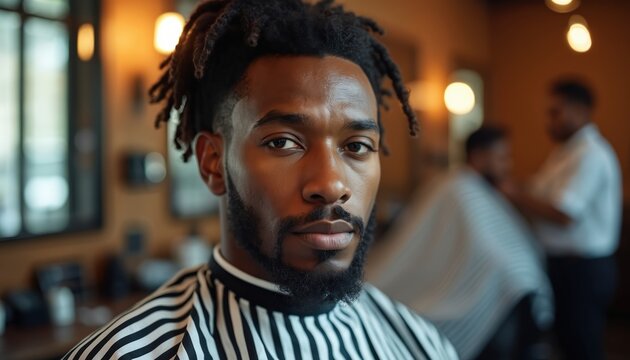 Man sits in barber chair wearing striped cape. Barber trims hair in background. Pro grooming for modern male style. Smooth skin tone detail.