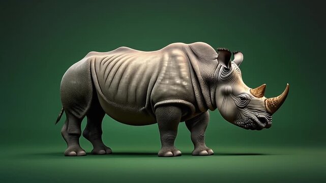 A realistic illustration of a rhinoceros standing alone on a green surface viewed from the side
