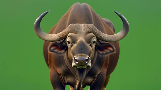 A large brown bull with curved horns standing in front of a green background viewed from the front
