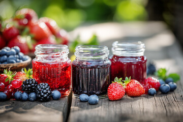 Different jars of fruit preserves with fresh berries on a wooden table