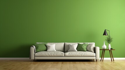 A minimalist living room with a beige sofa against a vibrant lime green wall