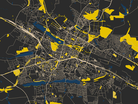 Decorative abstract map of Khmelnytskyi, Ukraine, featuring matte charcoal landmass with pale cream street lines, bold yellow accents and navy-blue water shapes