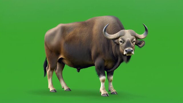 A majestic brown bull with curved horns standing on a green surface viewed from a slight angle