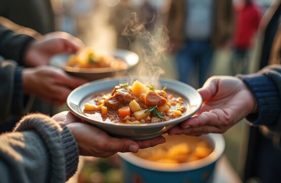People receive hot food from volunteers serving meals in bowls. The hungry receive help and share a warm meal, symbolizing charity and hope for the needy.