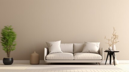 A minimalist living room scene with a plush beige sofa, a green potted plant, and decorative elements on a side table.