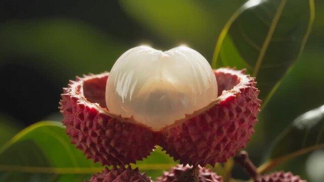 Vibrant close-up of a freshly peeled lychee fruit, showcasing its translucent, juicy white flesh against a soft green background, emphasizing its natural ripeness and sweet tropical appeal