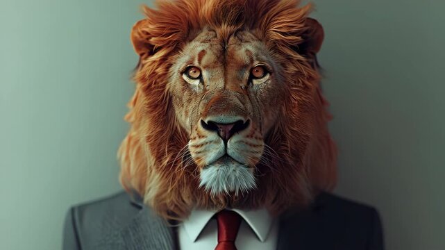 A creative  of a lion's head on a human body wearing a suit and tie