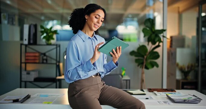 Thinking, woman and scroll on tablet in office for article review, draft feedback or story editing. Editor, african person and smile with digital tech at agency for blog evaluation, decision or night