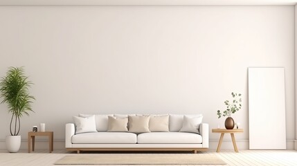 A minimalist living room with a white sofa, a tall green plant, and a framed canvas