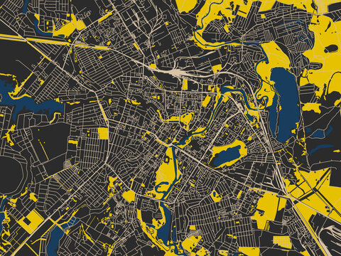 Flat city map of Sumy, Ukraine &mdash; matte charcoal landmass with pale cream street lines, bold yellow accents and navy-blue water shapes
