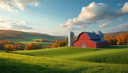 Obraz premium Red barn sits on rolling green hills under a blue sky with white clouds. Autumn trees with orange and yellow leaves surround the farmland. Silos stand beside the barn.