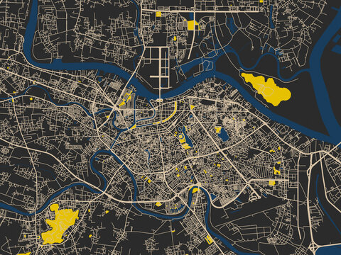Abstract city map of Haiphong, Viet Nam with dark map with yellow accents