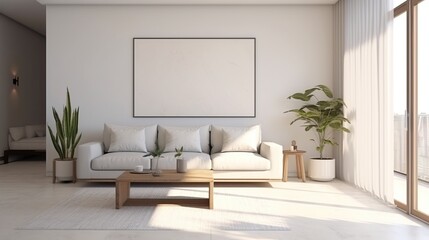 A minimalist modern living room with a large white sofa, a wooden coffee table, and abundant natural light.