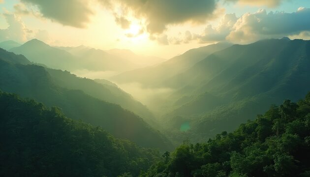 Misty mountain valley with rich green forest covering slopes. Sun shines through clouds at sunrise or sunset creating serene atmospheric landscape view.