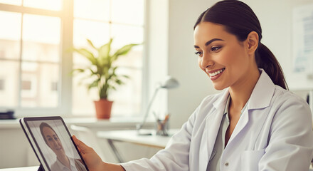 Smiling female healthcare professional having video call on tablet device