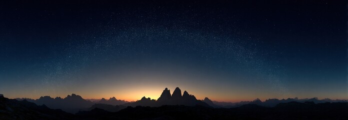 Starry night sky over mountain landscape with sunset or sunrise glow on horizon. Peaceful nature scene with constellations and celestial beauty creating serene atmosphere.