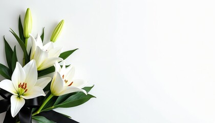 White lilies with black ribbon arrangement on white background. Floral sympathy decoration for memorial announcements. Peaceful tribute for remembrance and honor. Space for text.