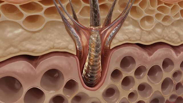 Intricate biological illustration showcasing the structure of a human hair follicle within the stratified layers of the skin, ideal for dermatology and anatomy studies
