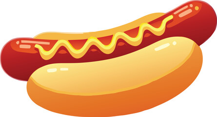 Cartoon Hot Dog with Mustard, a Classic American Fast Food Icon, or Wiener Sausage in a Bun Illustration.