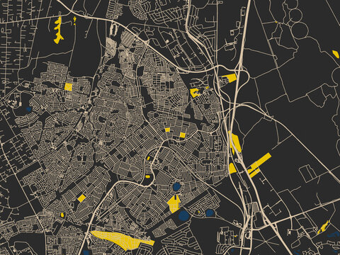 Urban map of Tembisa, South Africa in a dark flat palette: deep charcoal background with clean cream streets and sharp safety-yellow highlights, accented by ink-blue water