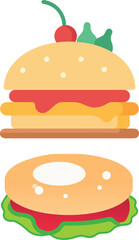 Deconstructed Burger Flat Design Illustration, Open Hamburger with Separated Buns and Ingredients