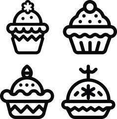 Set of festive line art cupcake and muffin icons with diverse toppings, perfect for bakery, celebration, or sweet treat designs and illustrations.