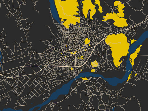 Flat city map of Elbasan, Albania &mdash; dark noir-style city field with soft cream lines and strong yellow points of interest against deep blue water