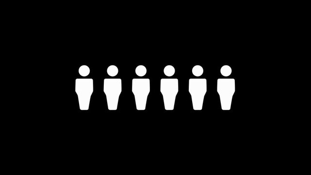 Six white simplified human figures in a row on a black background people icon