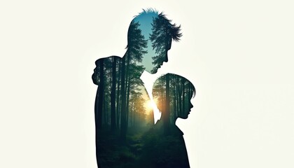 Adult, child profiles blended with forest imagery symbolize connection. Composite image represents family, nature, shared growth. Evokes sense of peace, environmental awareness. Man, boy together.