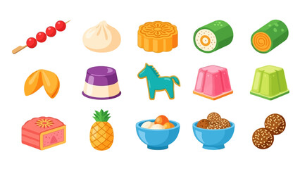 A vibrant collection of traditional Asian desserts and snacks, including mooncakes, tanghulu, fortune cookies, and various jellies.