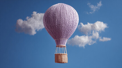Light purple, woven textile hot air balloon with a wicker basket floating high in a blue sky with white clouds.