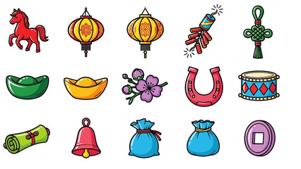 A vibrant collection of traditional Chinese and good luck symbols, including lanterns, firecrackers, gold ingots, a red horse, and a Chinese knot.