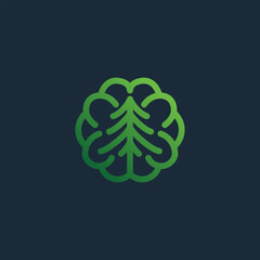Green brain outline with an evergreen tree in the center, symbolizing natural intelligence and environmental thought.