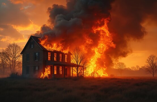 Two story house engulfed in intense fire and smoke. Flames burst from windows and roof. Dry grass field with bare trees surrounds burning home. Sky glows with orange sunset light. - Powered by Adobe