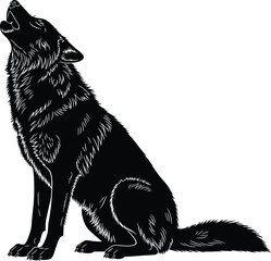 Detailed Black Silhouette Vector of a Wild Wolf Sitting on Its Haunches and Howling at the Moon, Symbolizing Wilderness, Freedom, Nature, Power, and the Majestic Spirit of the Wild.