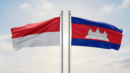 Two national flags, Indonesia and Cambodia, waving proudly on flagpoles against a bright blue sky, symbolizing diplomatic relations and international cooperation.