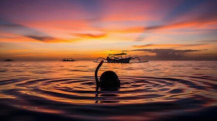 Snorkeling Adventure in Gili Islands With Silhouetted Swimmer And Traditional Jukung Boat During Golden Hour Sunset