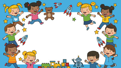 Joyful Diverse Children and Playful Toys Frame with Empty Space on Blue for Childhood & Education Designs