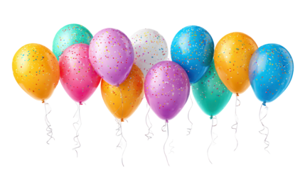 Eight party balloons with confetti details floating lightly in air on transparent background