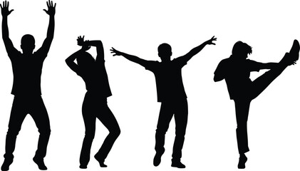 Four joyful diverse people silhouettes dancing and jumping with hands up, dynamic movement poses of men and women celebrating, party club event or music festival black vector illustration.